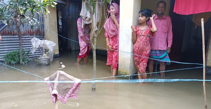 "Flooded streets in Chilmari, Kurigram, where over 400 families are struggling with inundated homes. Despite the widespread impact, only 40 families have received relief aid to date." Photo: Voice7 News